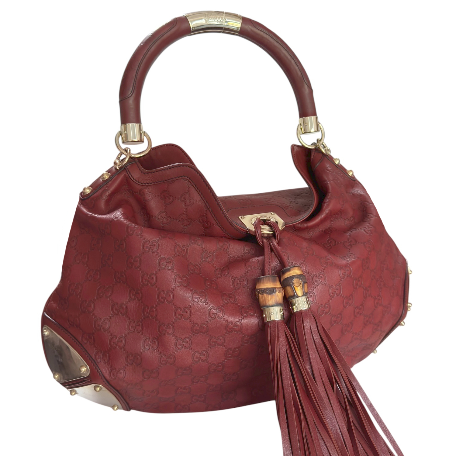 Gucci Indy Tassel Monogram Leather Hobo Shoulder Bag in Red / Gold - Image 2