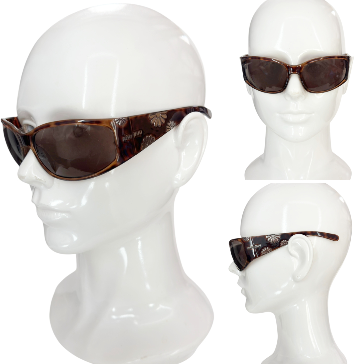 Miu Miu Flower Tortoiseshell Wraparound Sunglasses in Brown / Silver - Image 4