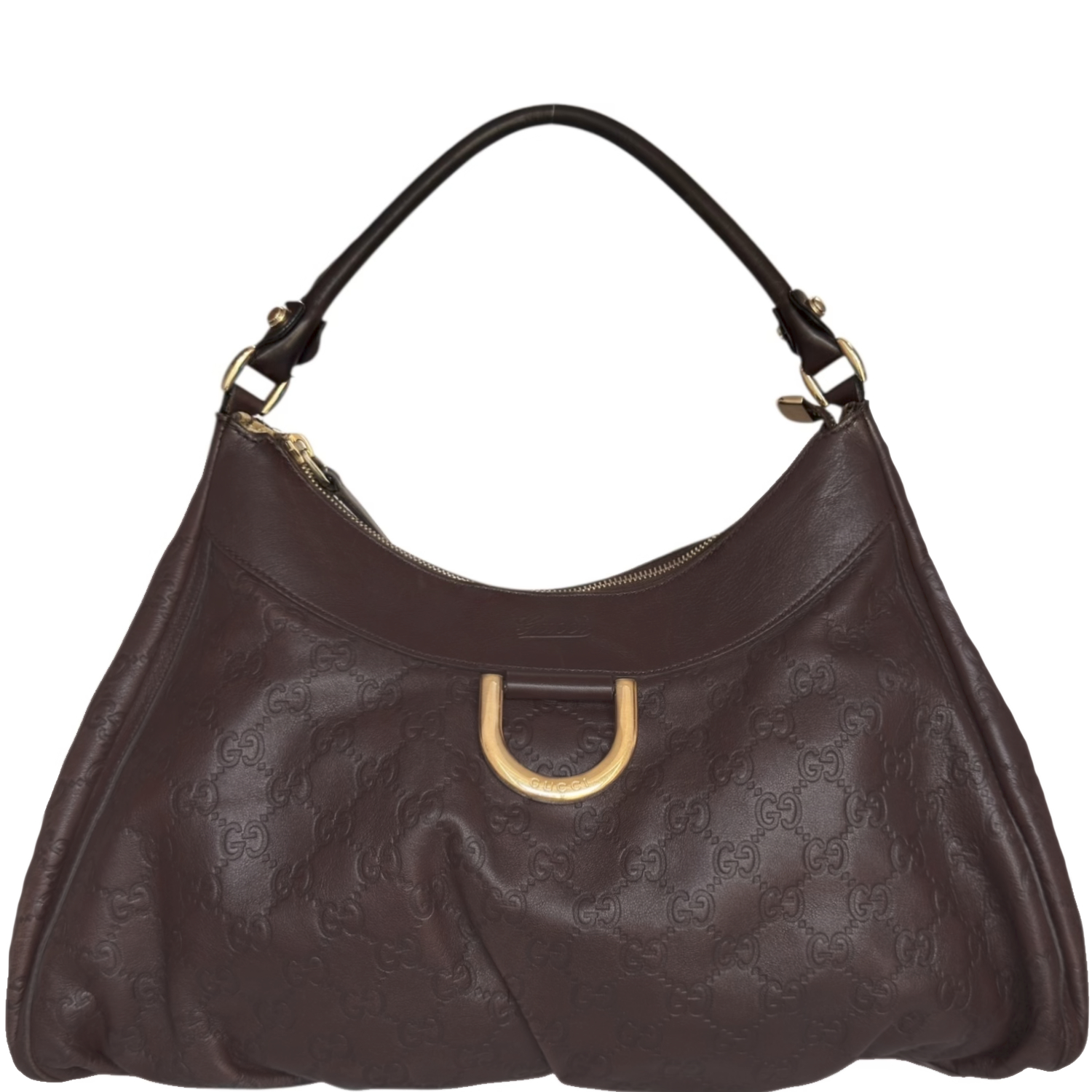 Vintage Gucci Monogram Leather D Ring Hobo Shoulder Bag in Brown / Gold | NITRYL