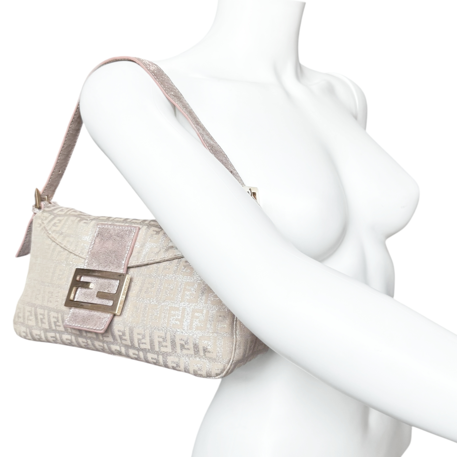 Fendi Monogram Metallic Shoulder Baguette Bag in Pink / Silver / Gold - Image 10