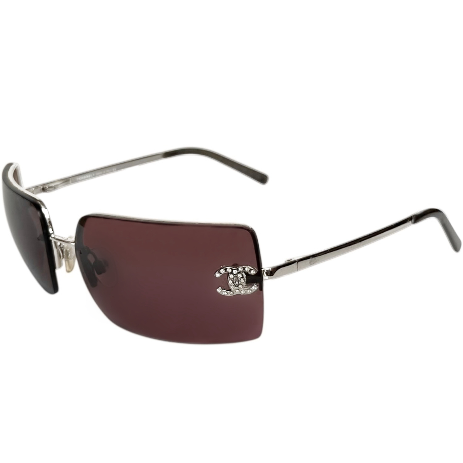 Vintage Chanel Diamante Logo Rimless Sunglasses in Maroon / Silver | NITRYL