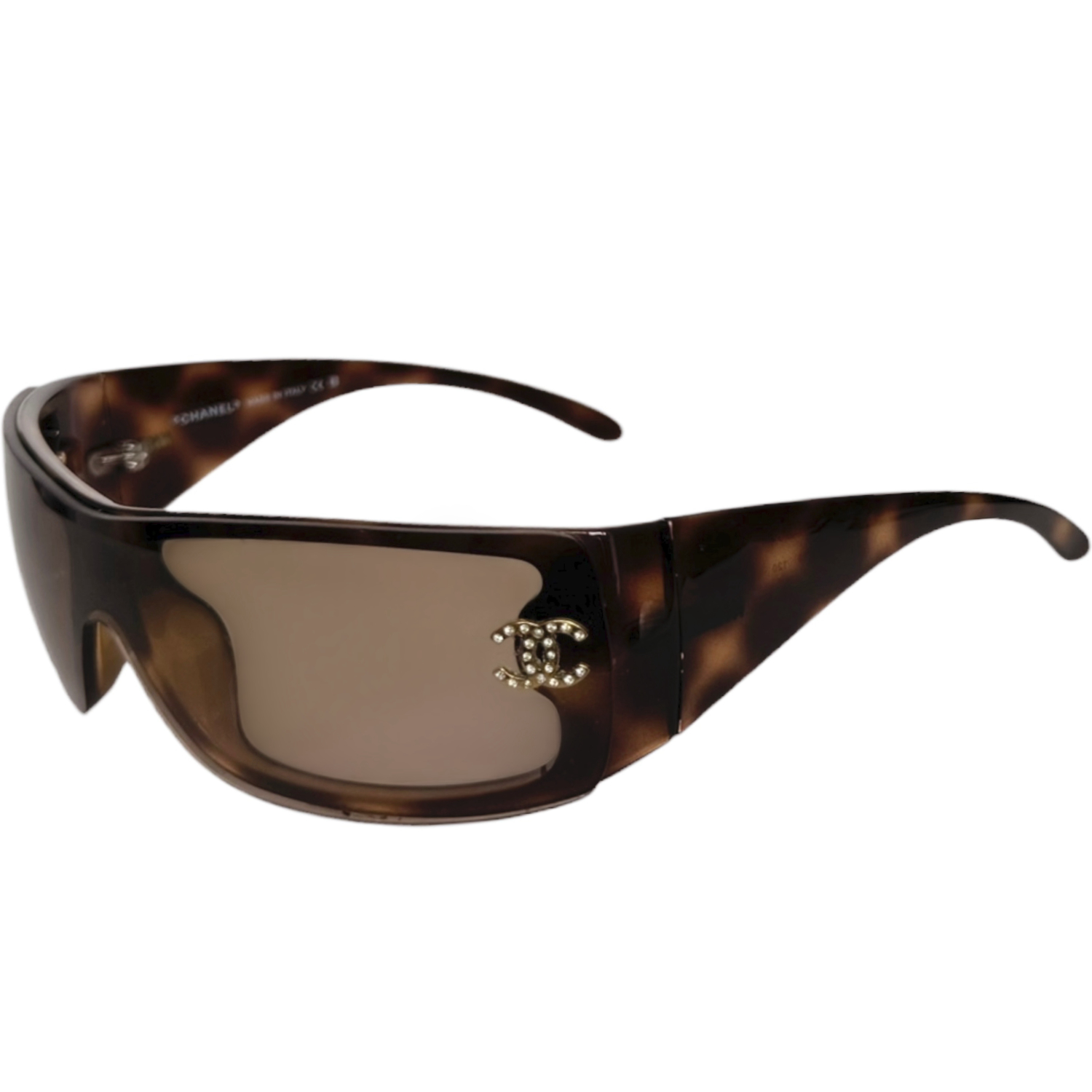 Vintage Chanel Diamante Logo Wraparound Sunglasses in Tortoiseshell Brown / Gold | NITRYL