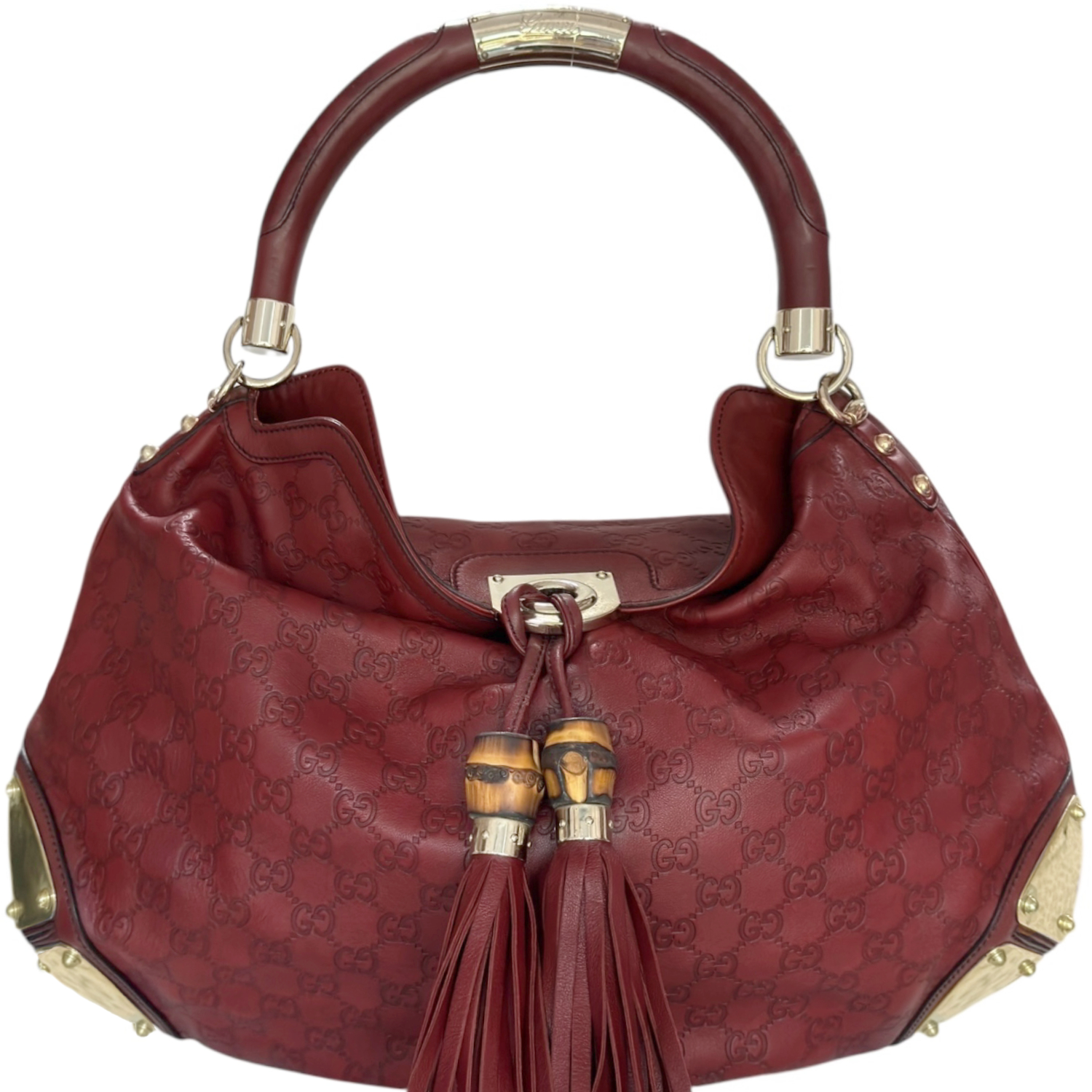 Vintage Gucci Indy Tassel Monogram Leather Hobo Shoulder Bag in Red / Gold | NITRYL