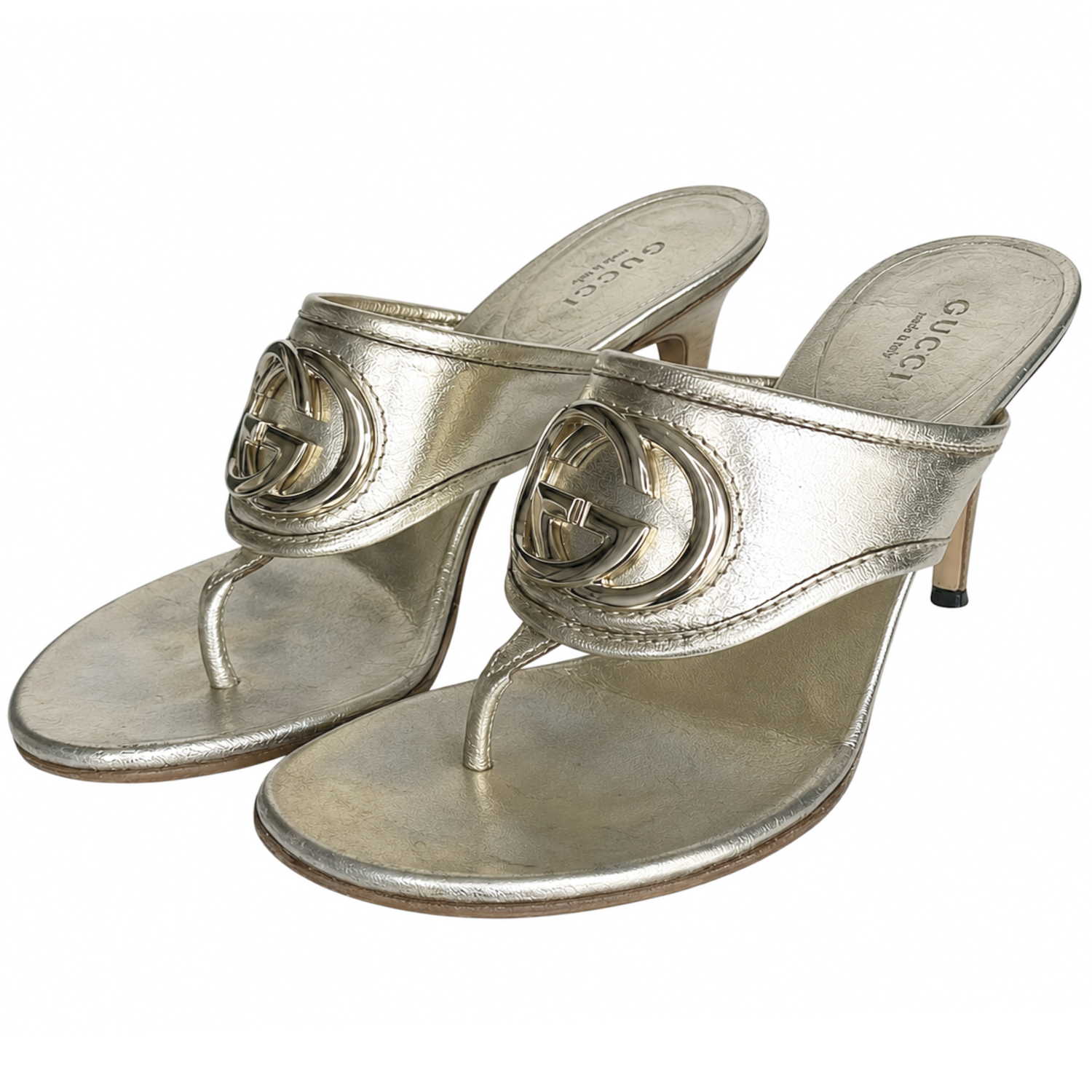 Vintage Gucci GG Logo Thong Heels in Gold UK 4 | NITRYL