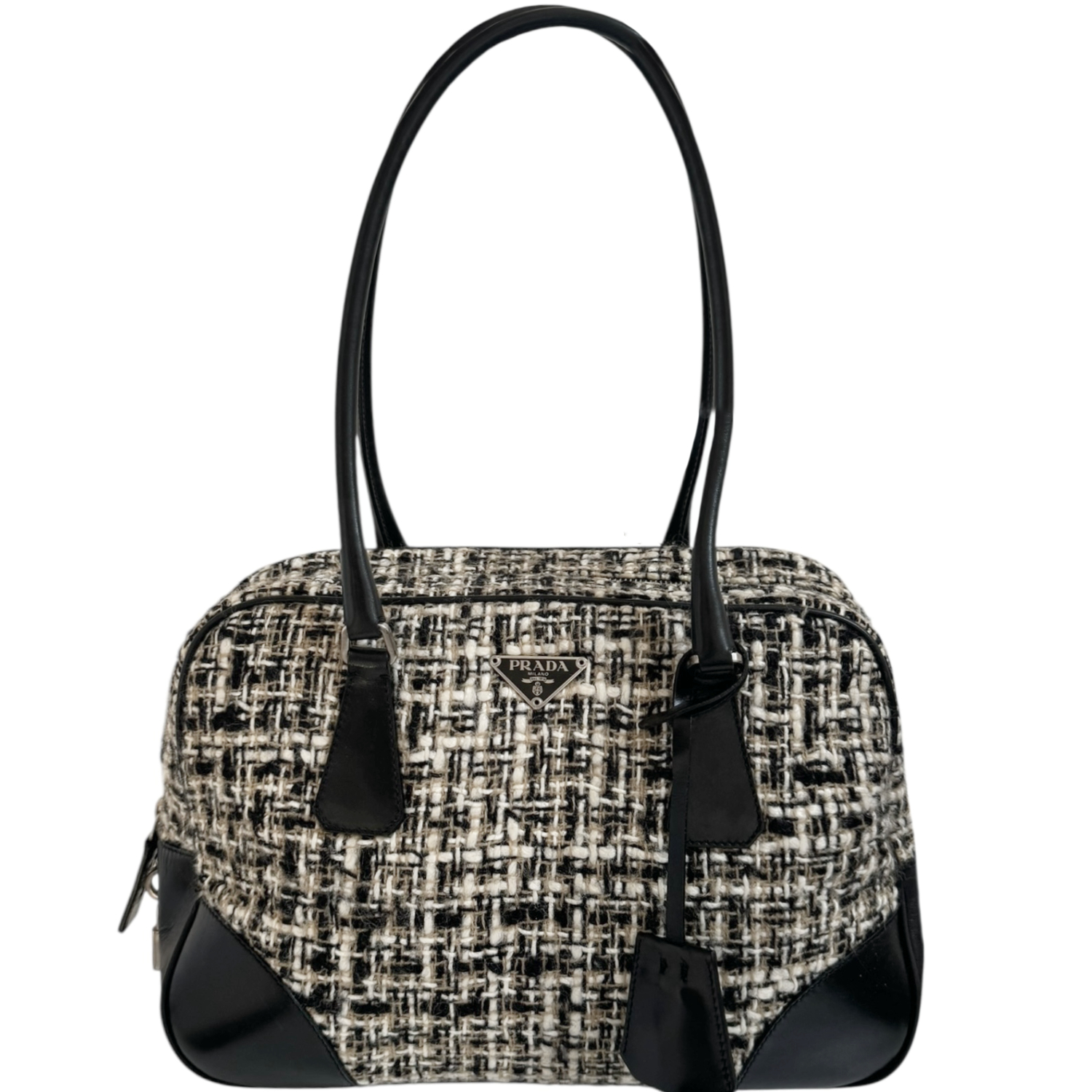 Vintage Prada Tweed Shoulder Bag in Black / Silver | NITRYL
