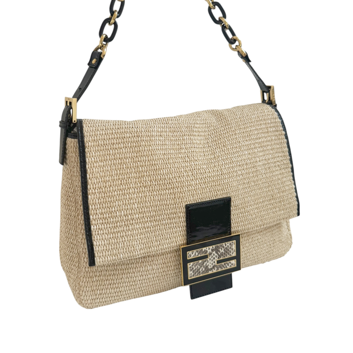 Fendi Rafia Straw XL Mamma Baguette Bag in Beige / Black / Gold with Exotic Detailing - Image 2