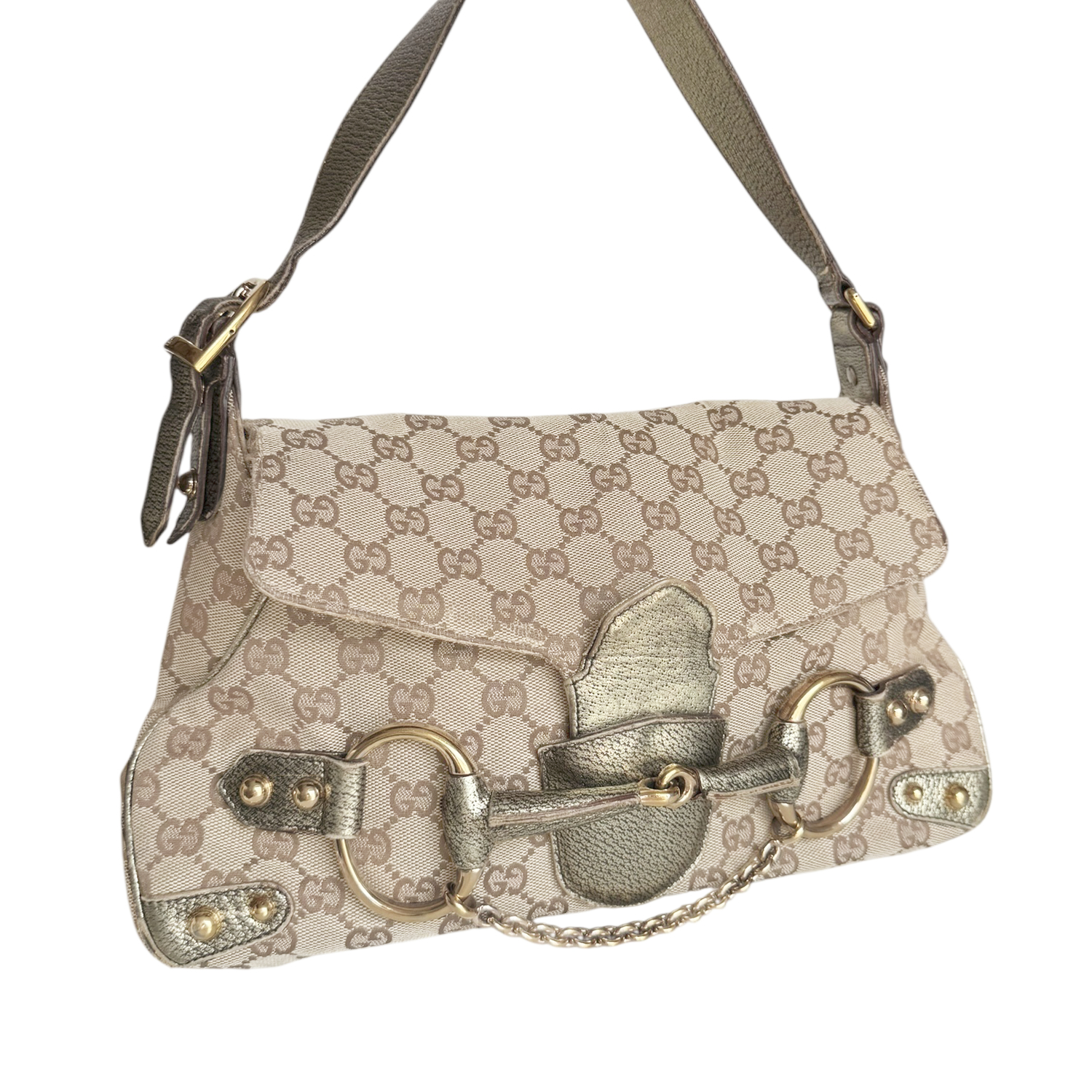 Gucci Monogram Horsebit Shoulder Bag in Beige / Metallic / Gold - Image 2