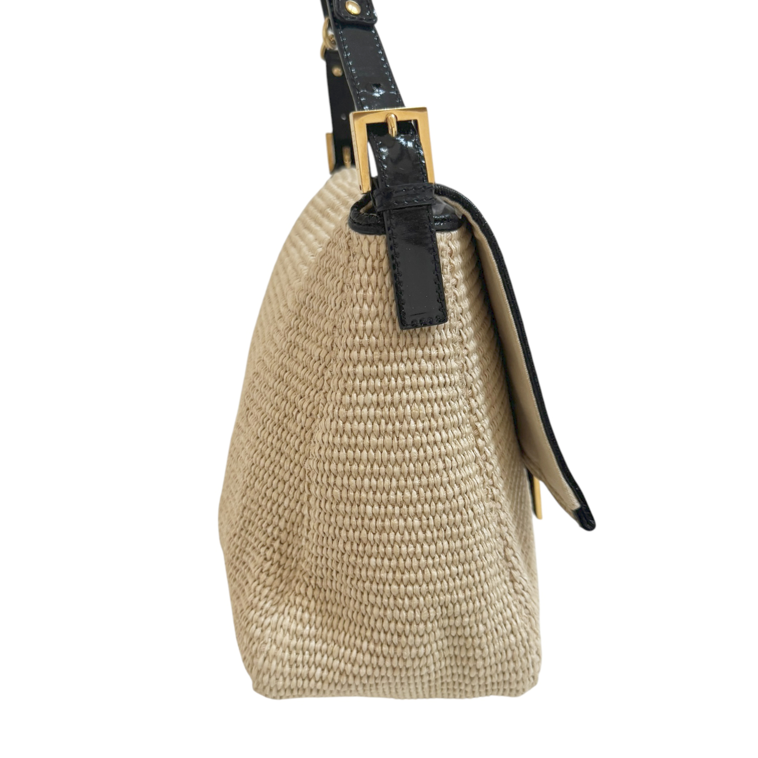 Fendi Rafia Straw XL Mamma Baguette Bag in Beige / Black / Gold with Exotic Detailing - Image 3