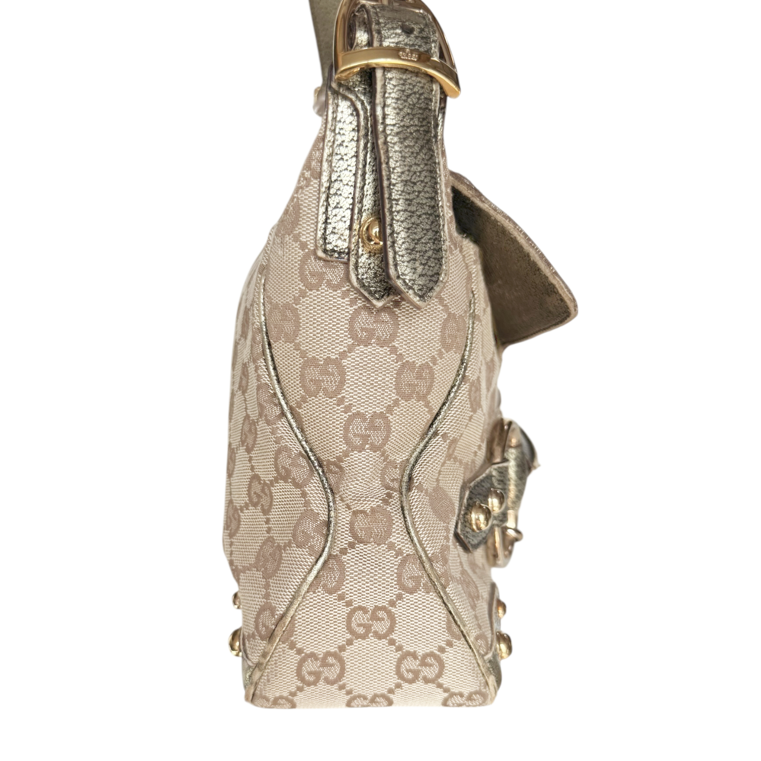 Gucci Monogram Horsebit Shoulder Bag in Beige / Metallic / Gold - Image 3