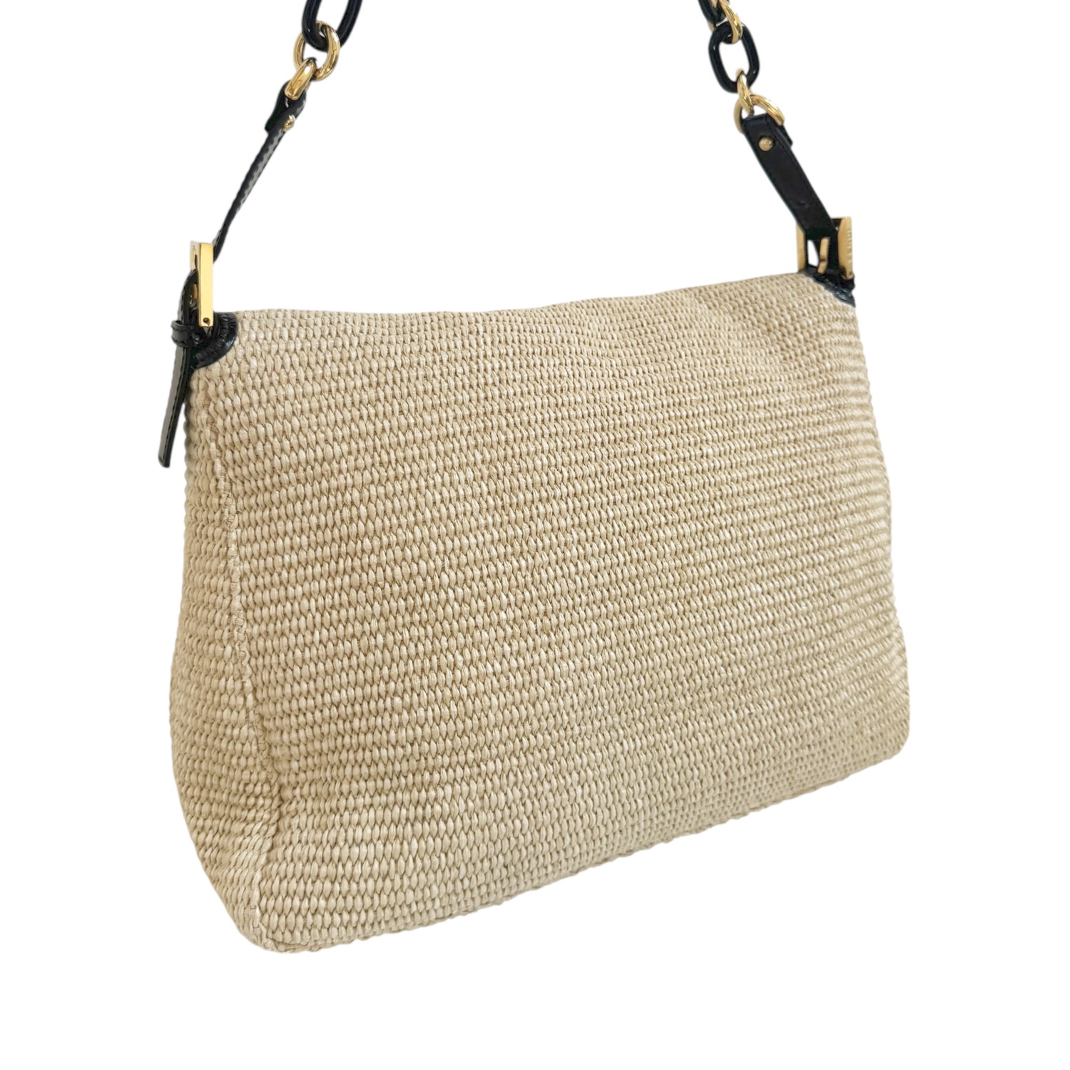 Fendi Rafia Straw XL Mamma Baguette Bag in Beige / Black / Gold with Exotic Detailing - Image 4