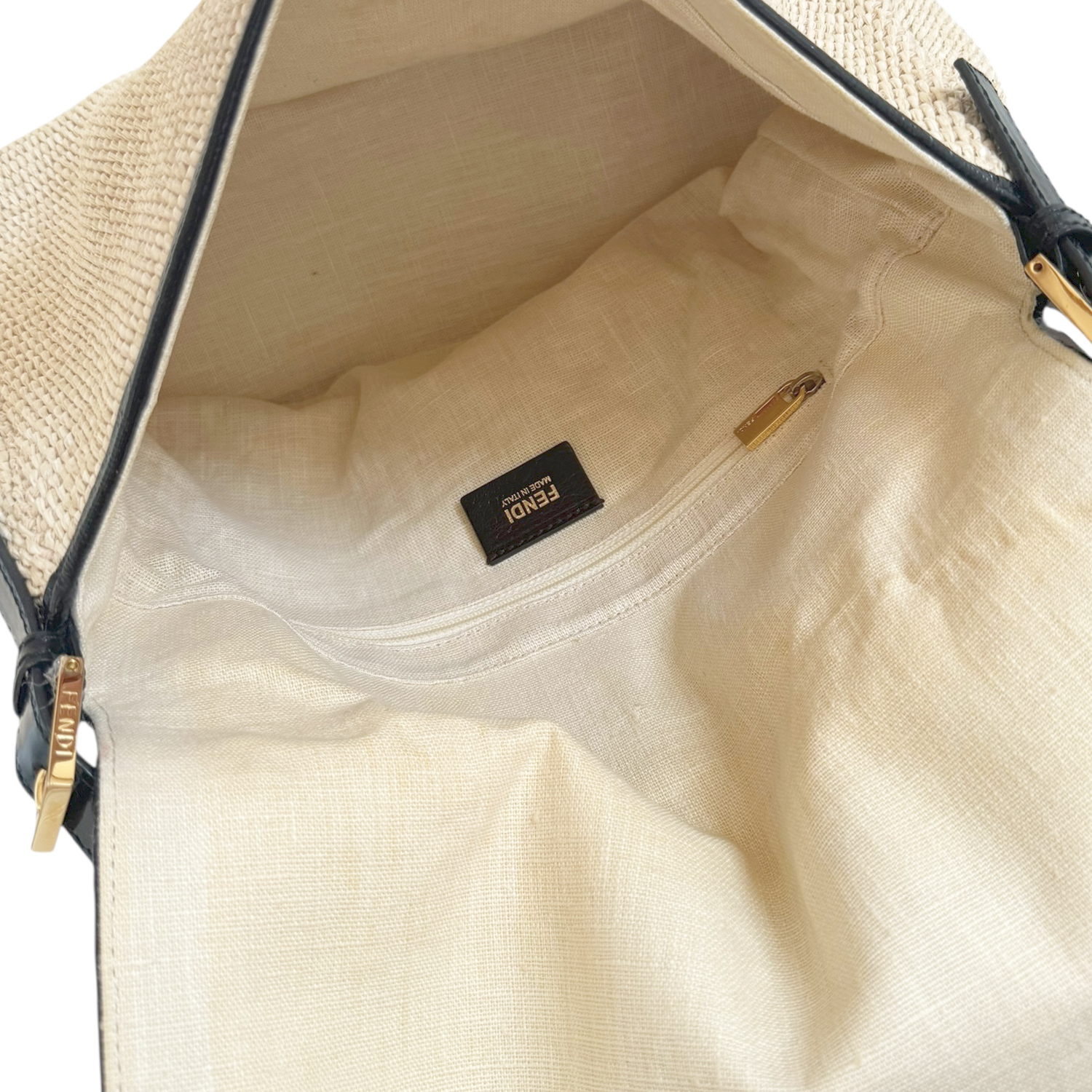 Fendi Rafia Straw XL Mamma Baguette Bag in Beige / Black / Gold with Exotic Detailing - Image 7