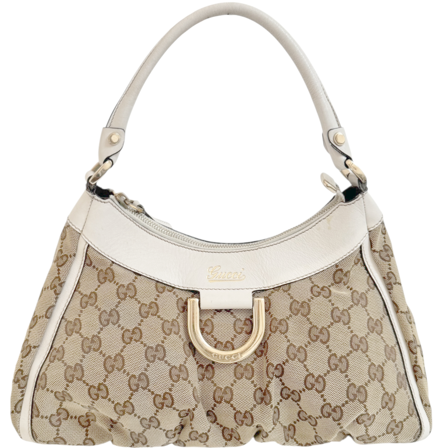 Vintage Gucci Monogram D Ring Hobo Shoulder Bag in Beige / White / Gold | NITRYL