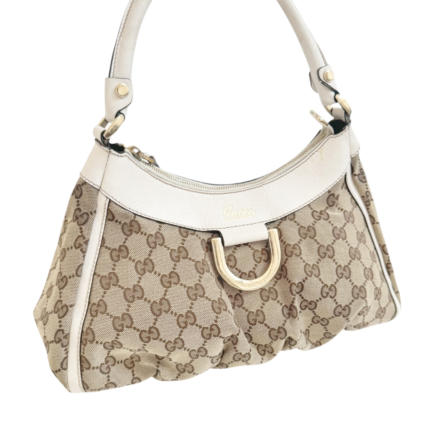 Gucci Monogram D Ring Hobo Shoulder Bag in Beige / White / Gold - Image 2