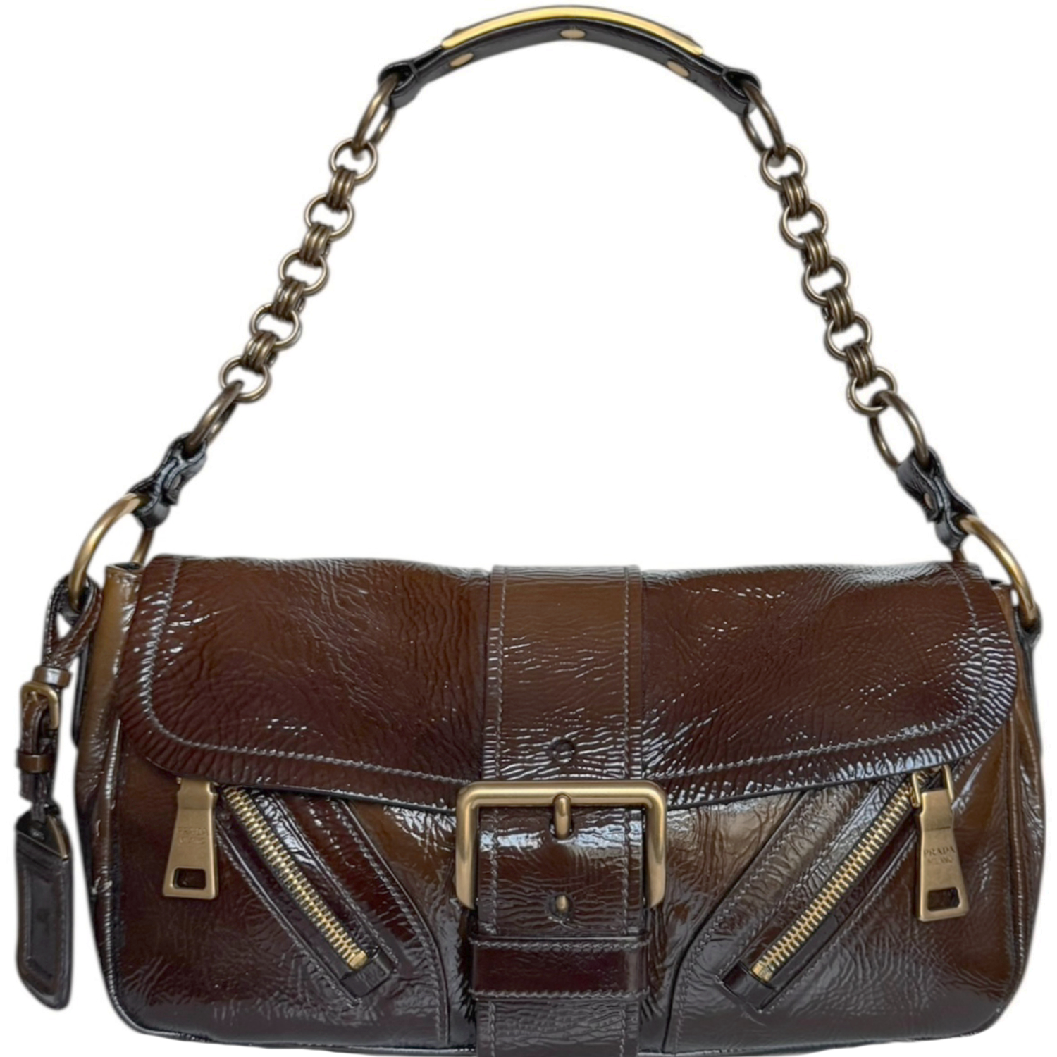 Vintage Prada Buckle Ombre Patent Shoulder Bag in Brown / Gold | NITRYL