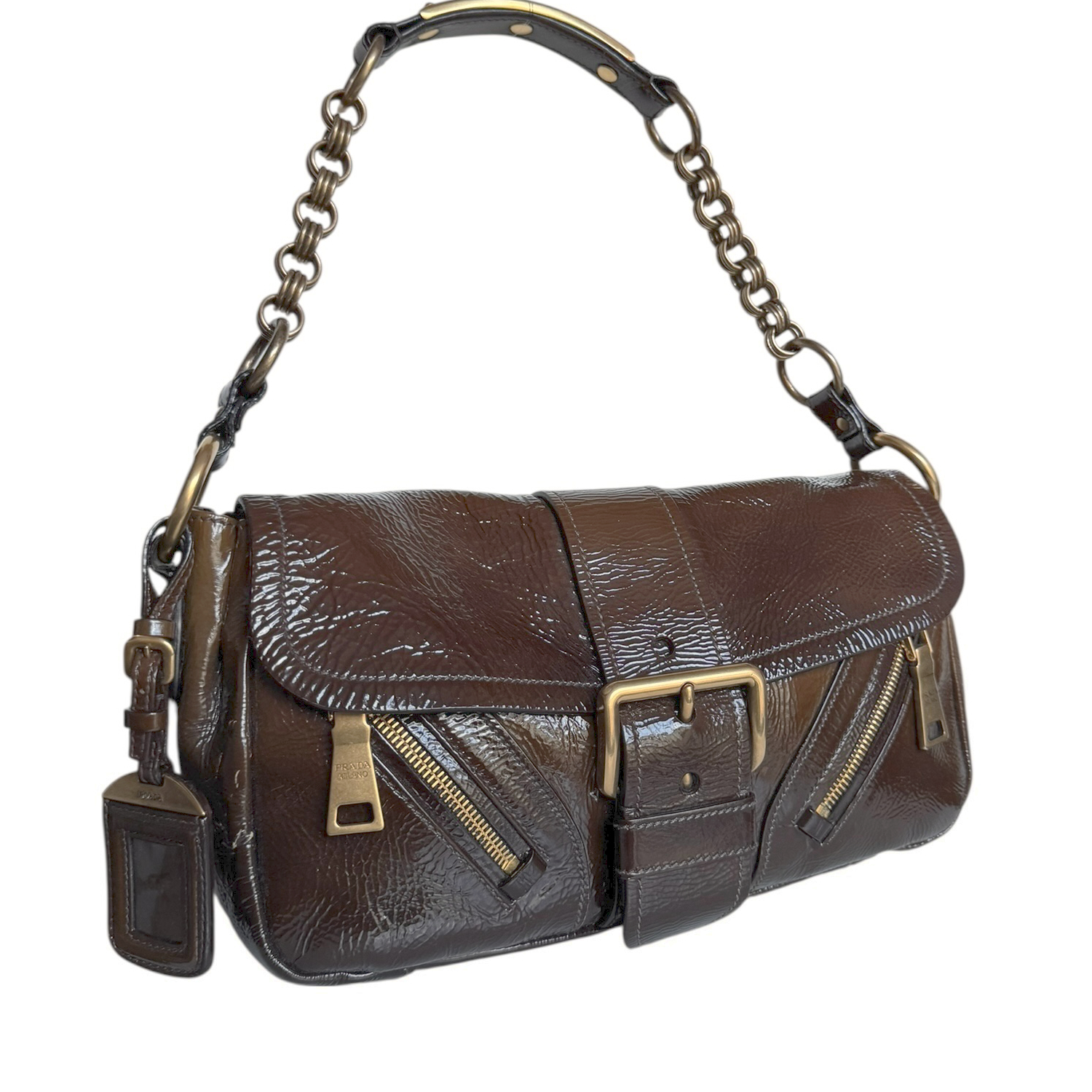 Prada Buckle Ombre Patent Shoulder Bag in Brown / Gold - Image 2