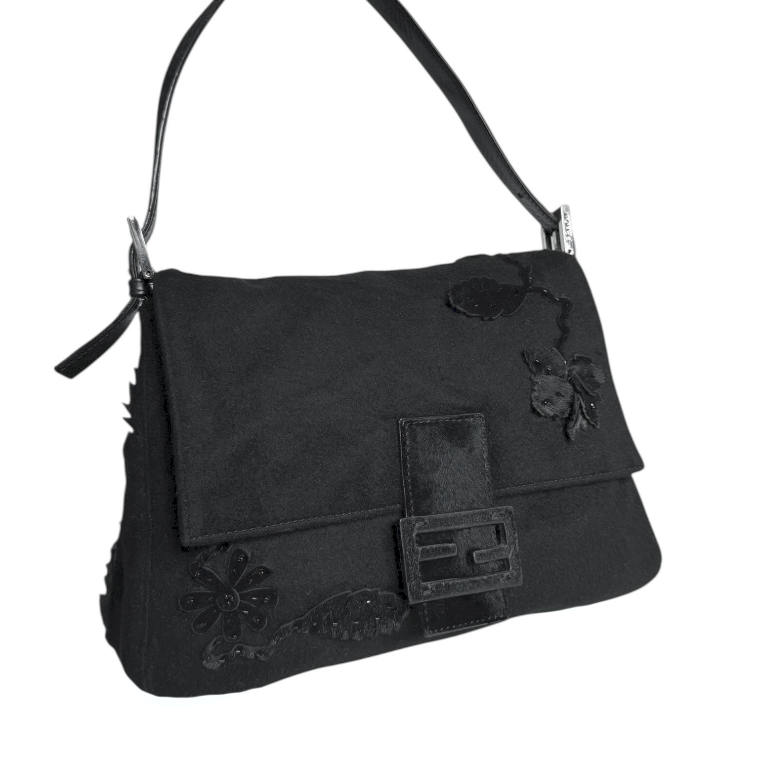 Fendi Flower Beaded Ponyhair Felt Mamma Baguette Bag in Black / Silver - Image 2