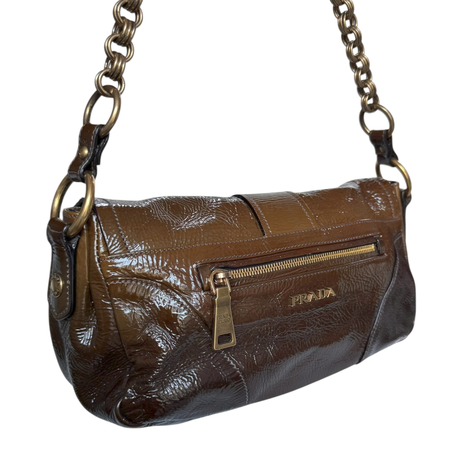 Prada Buckle Ombre Patent Shoulder Bag in Brown / Gold - Image 4