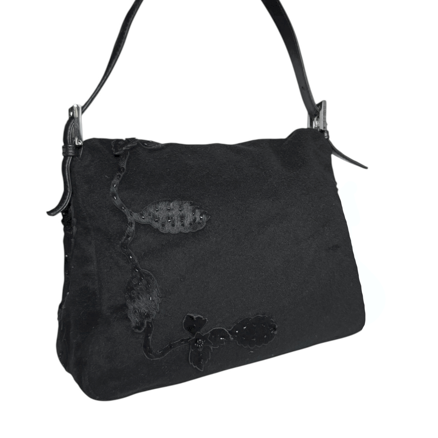 Fendi Flower Beaded Ponyhair Felt Mamma Baguette Bag in Black / Silver - Image 4