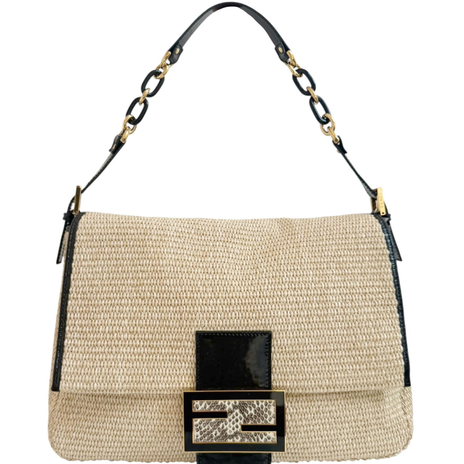 Vintage Fendi Rafia Straw XL Mamma Baguette Bag in Beige / Black / Gold with Exotic Detailing | NITRYL