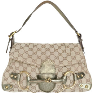 Vintage Gucci Monogram Horsebit Shoulder Bag in Beige / Metallic / Gold | NITRYL