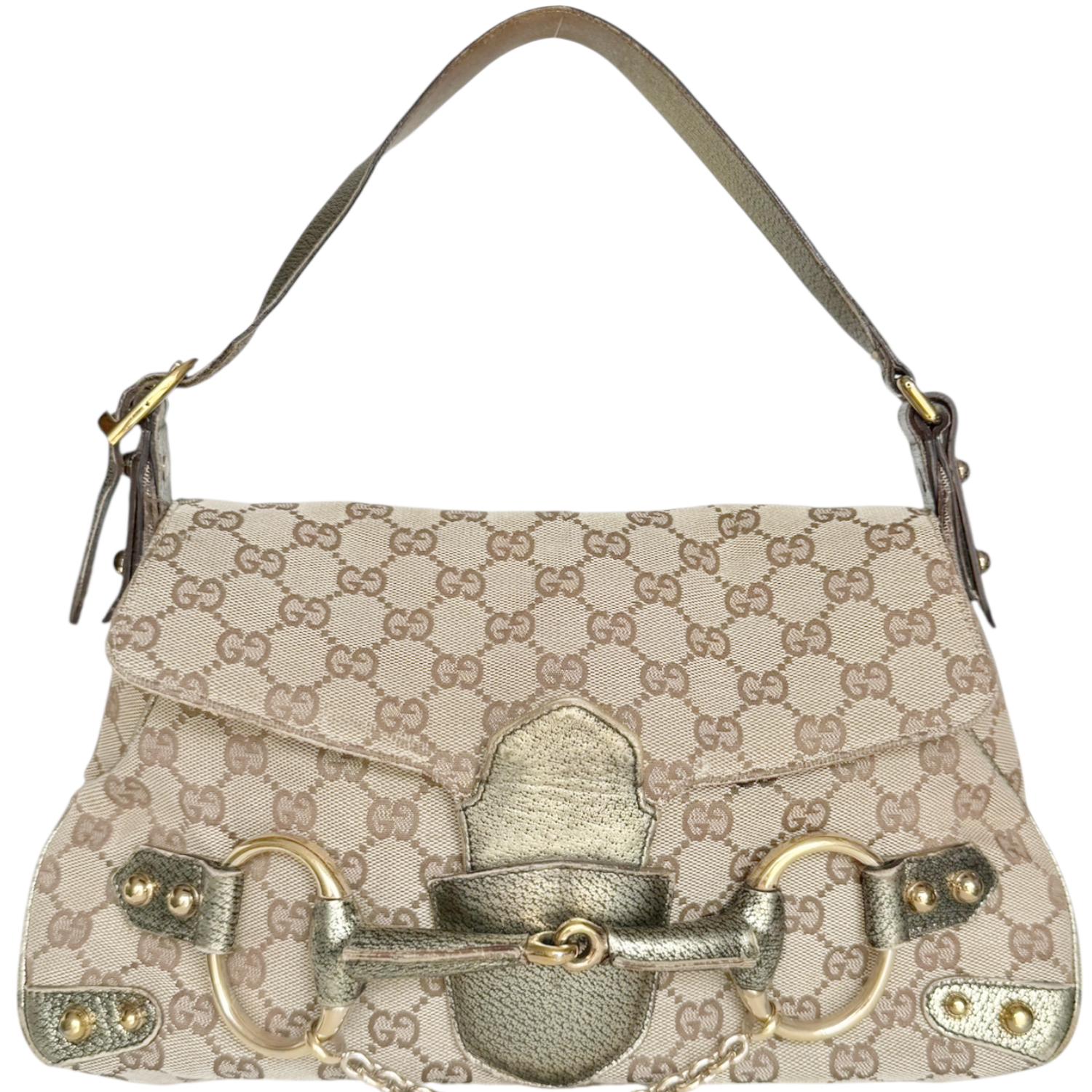 Vintage Gucci Monogram Horsebit Shoulder Bag in Beige / Metallic / Gold | NITRYL