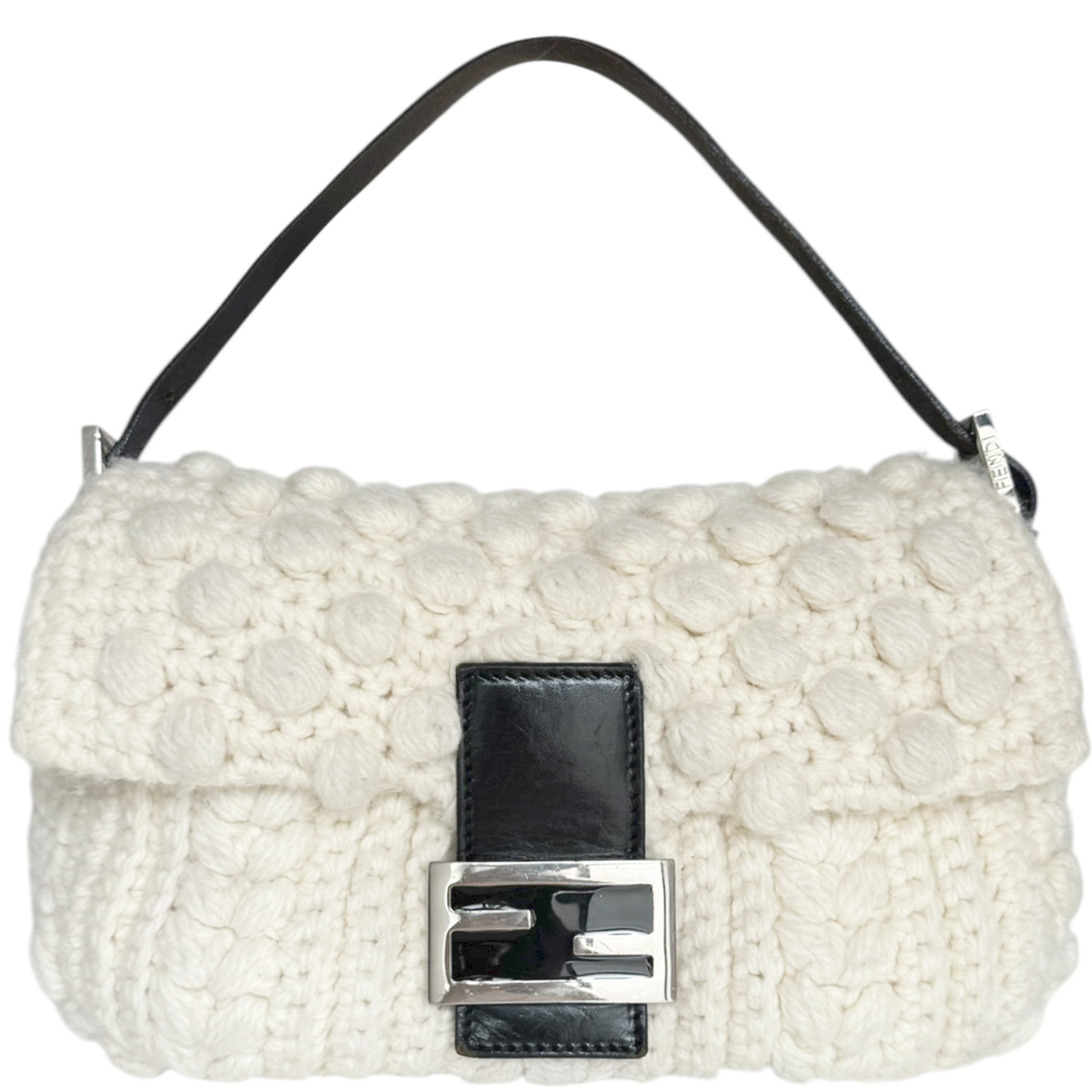Vintage Fendi Knit Wool Shoulder Baguette Bag in Cream / Black | NITRYL