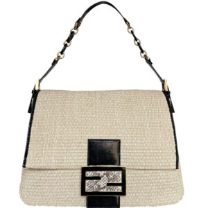 Vintage Fendi Rafia Straw XL Mamma Baguette Bag in Beige / Black / Gold with Exotic Detailing | NITRYL