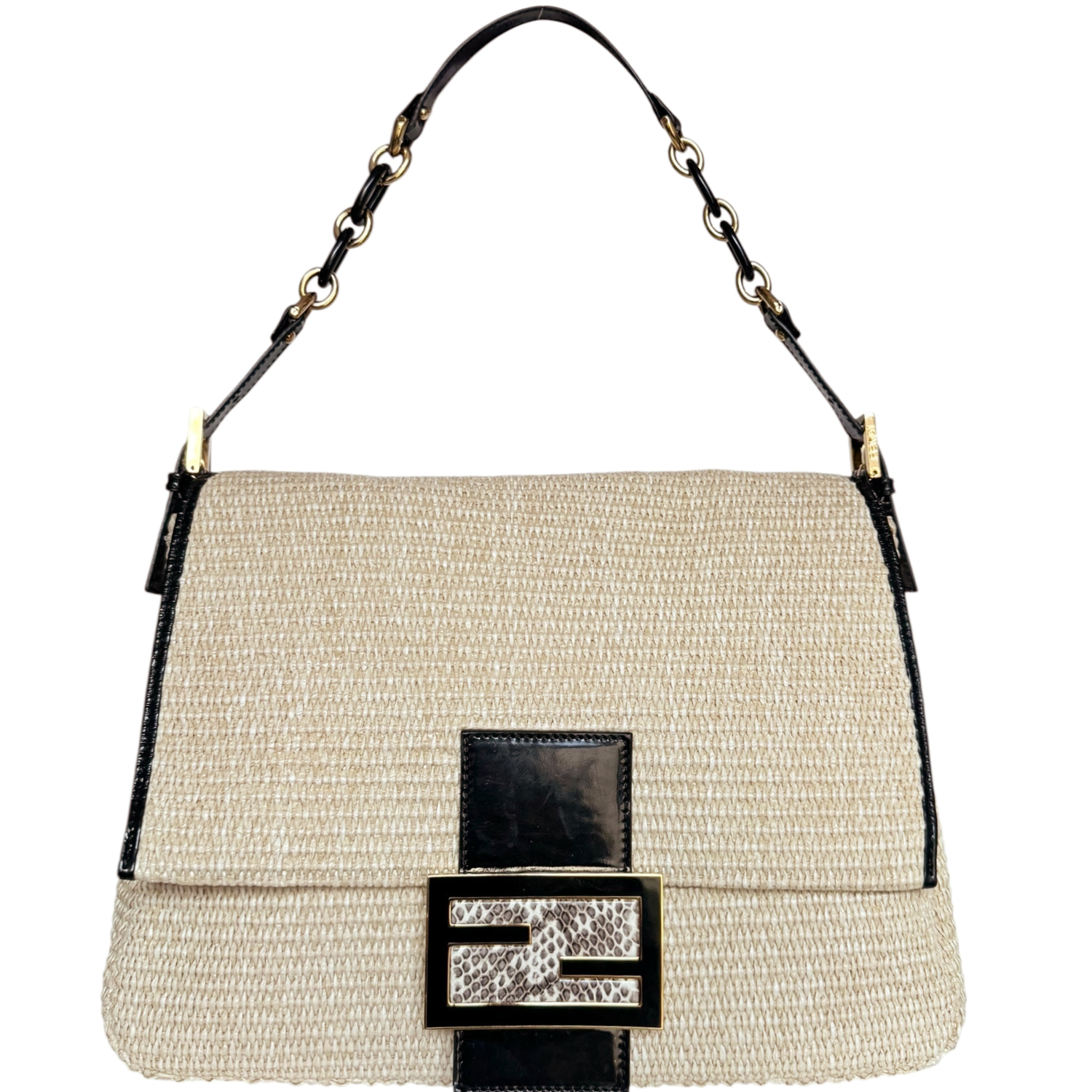 Vintage Fendi Rafia Straw XL Mamma Baguette Bag in Beige / Black / Gold with Exotic Detailing | NITRYL