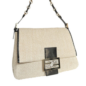 Vintage Fendi Rafia Straw XL Mamma Baguette Bag in Beige / Black / Gold with Exotic Detailing | NITRYL
