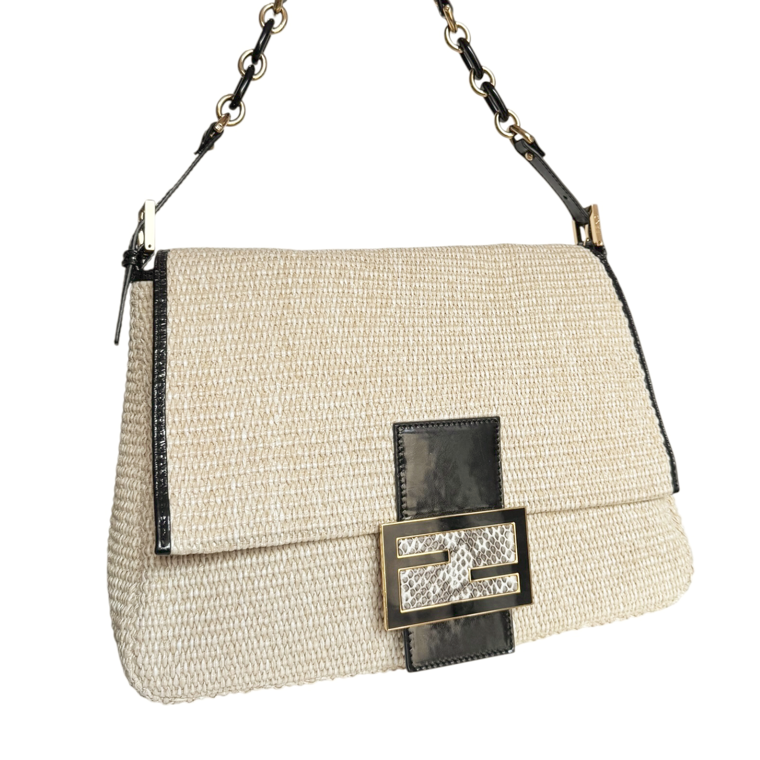 Vintage Fendi Rafia Straw XL Mamma Baguette Bag in Beige / Black / Gold with Exotic Detailing | NITRYL