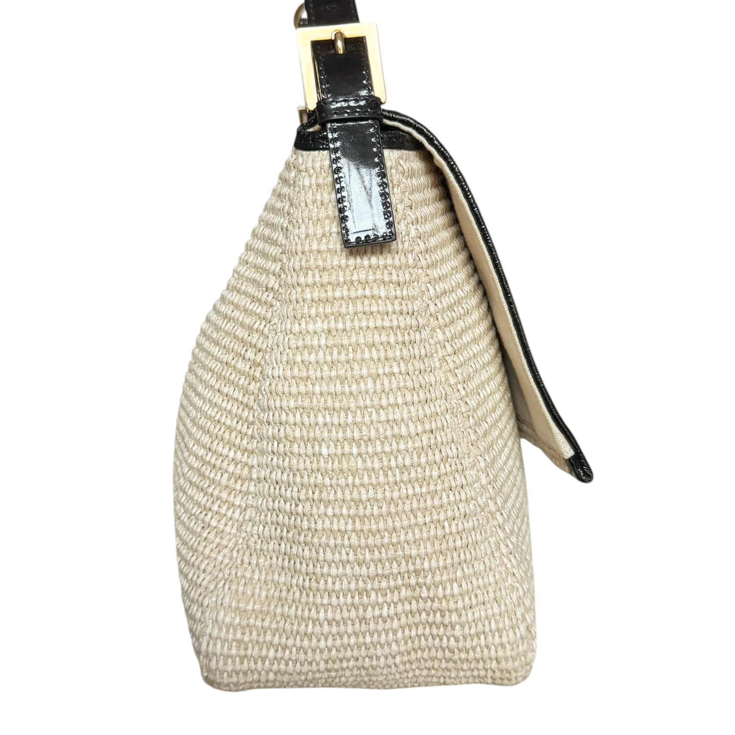 Vintage Fendi Rafia Straw XL Mamma Baguette Bag in Beige / Black / Gold with Exotic Detailing | NITRYL