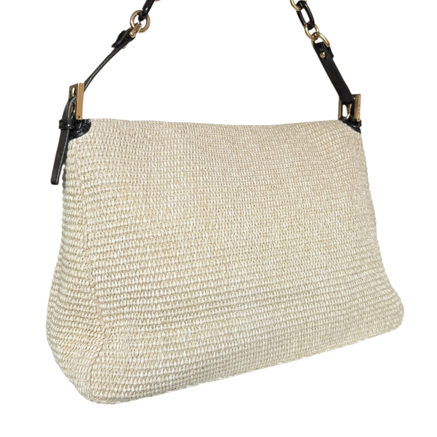 Vintage Fendi Rafia Straw XL Mamma Baguette Bag in Beige / Black / Gold with Exotic Detailing | NITRYL