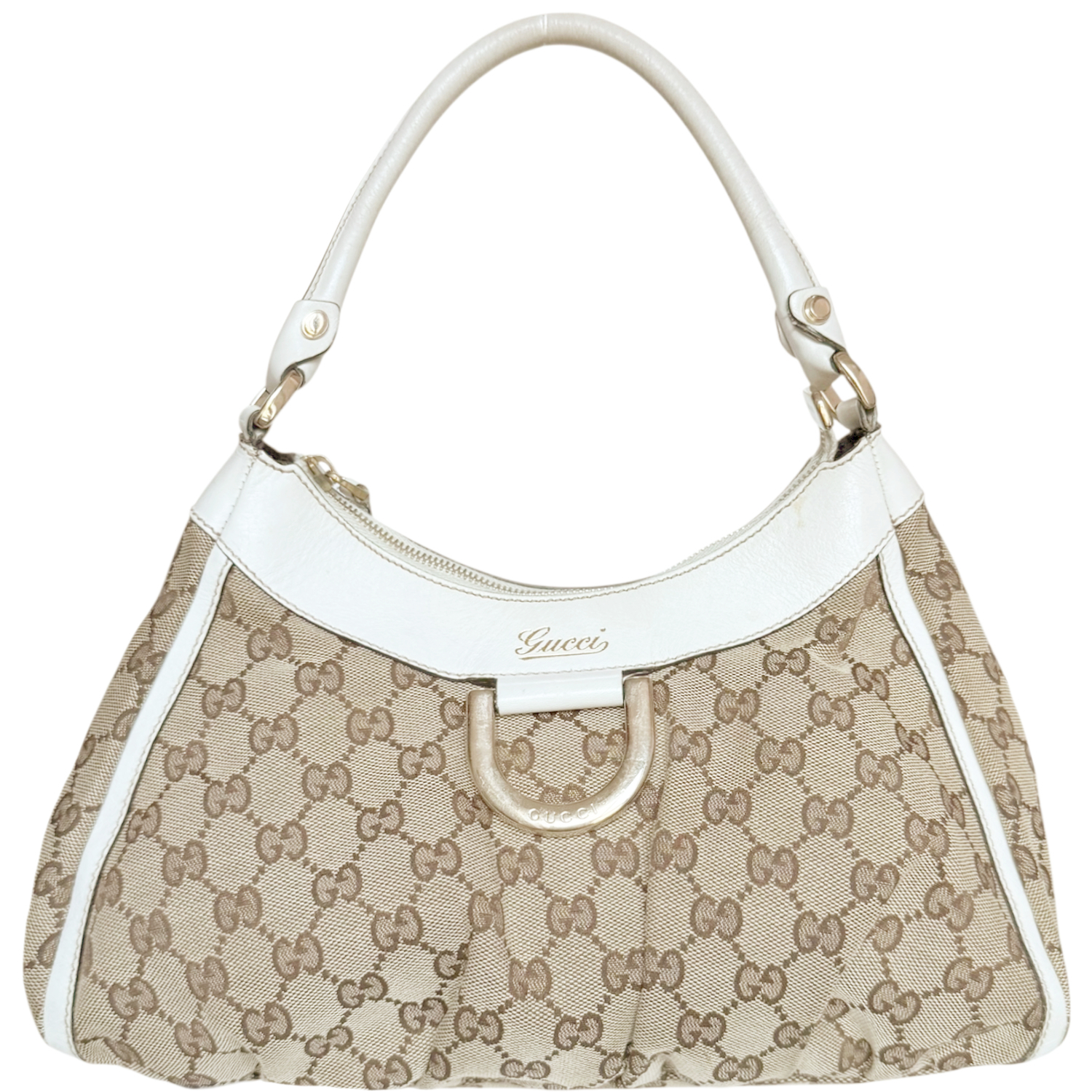 Vintage Gucci Monogram D Ring Hobo Shoulder Bag in Beige / White / Gold | NITRYL