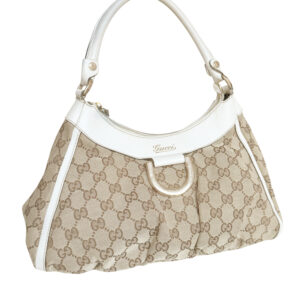 Vintage Gucci Monogram D Ring Hobo Shoulder Bag in Beige / White / Gold | NITRYL