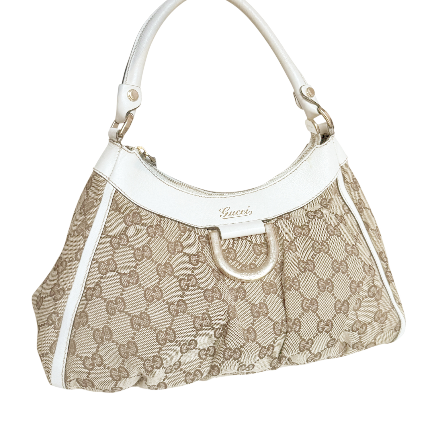 Vintage Gucci Monogram D Ring Hobo Shoulder Bag in Beige / White / Gold | NITRYL