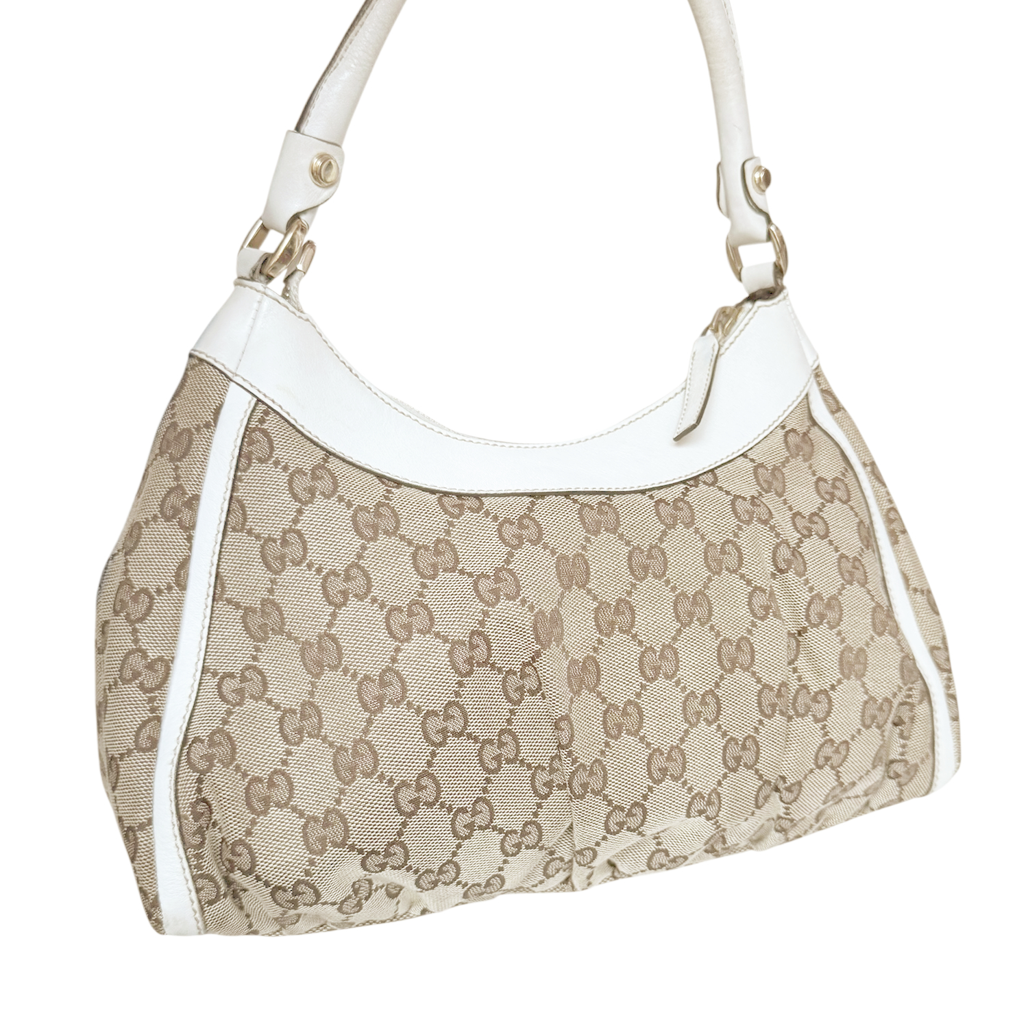 Vintage Gucci Monogram D Ring Hobo Shoulder Bag in Beige / White / Gold | NITRYL