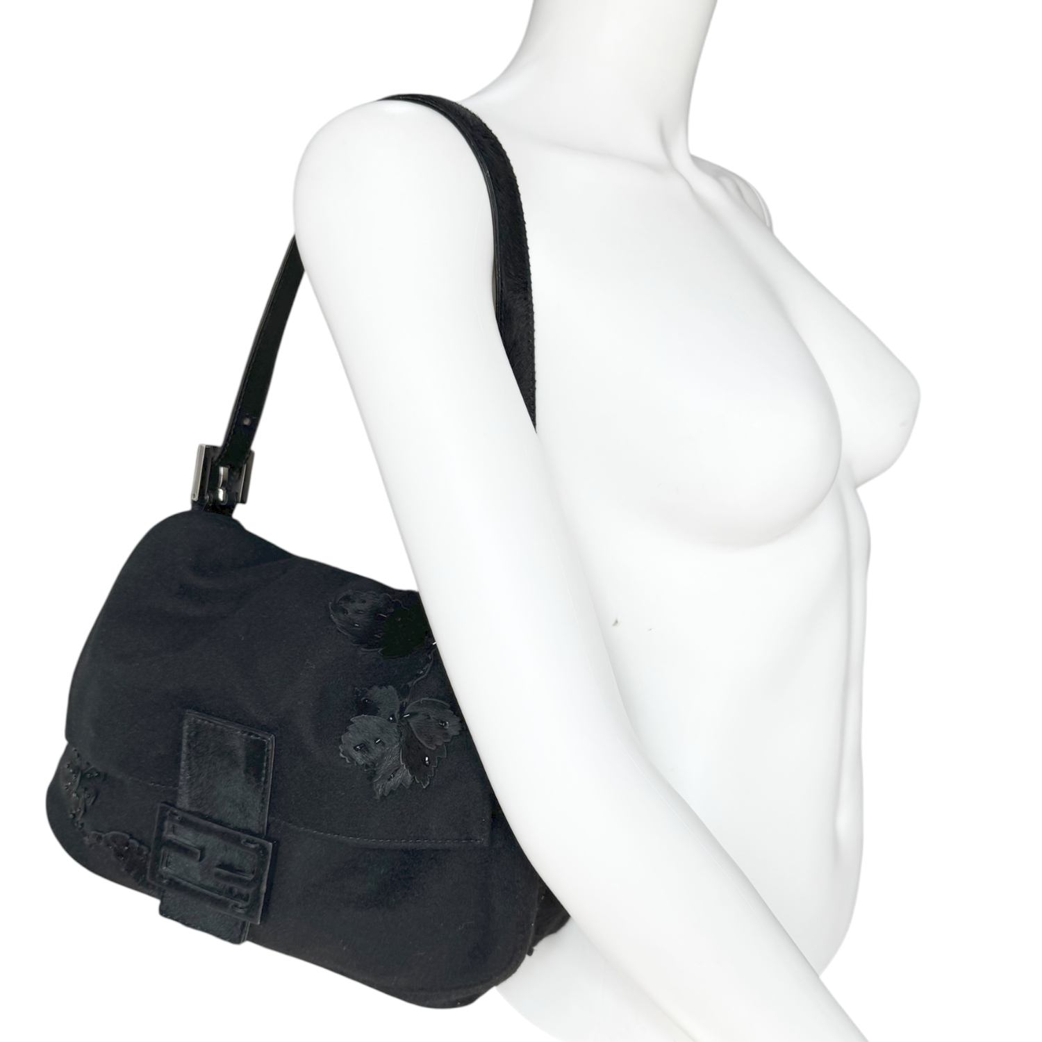 Vintage Fendi Flower Beaded Felt Mamma Baguette Bag in Black / Silver | NITRYL