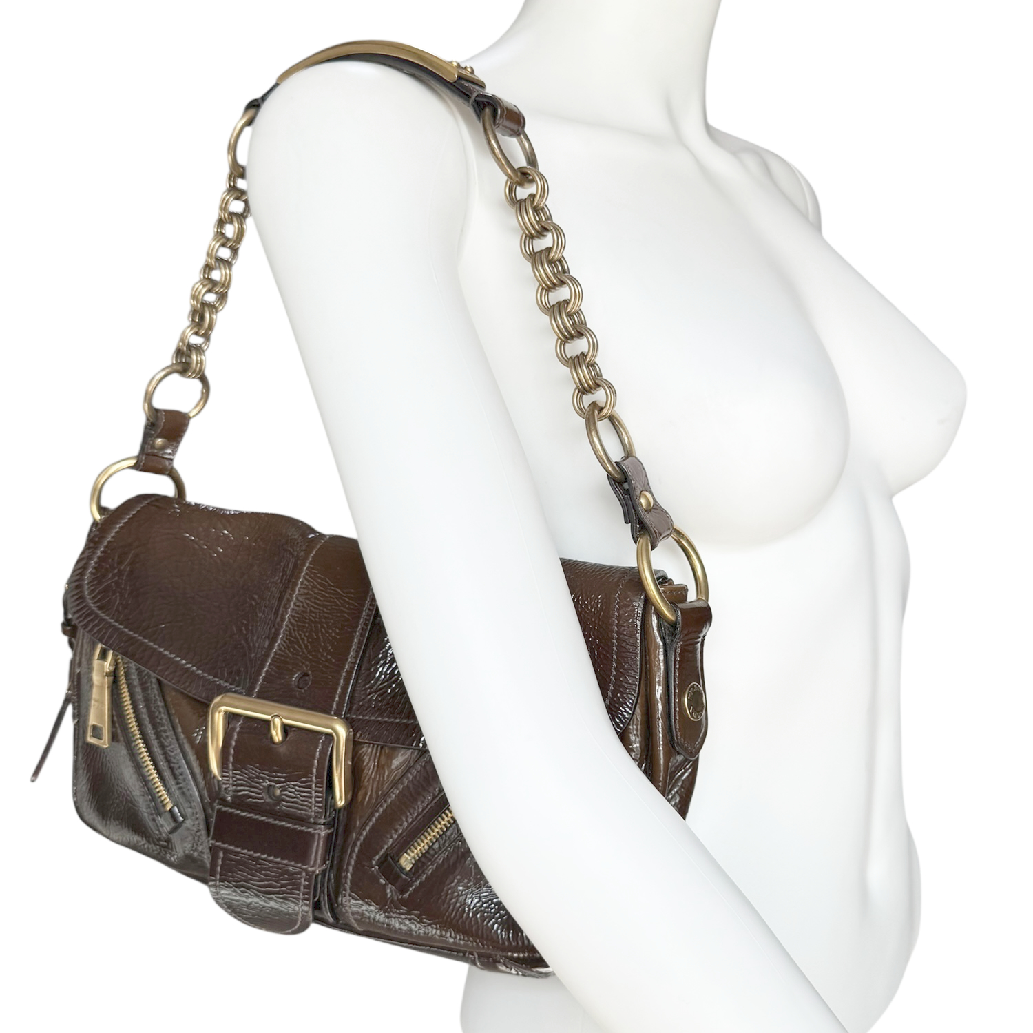 Vintage Prada Buckle Ombre Patent Shoulder Bag in Brown / Gold | NITRYL