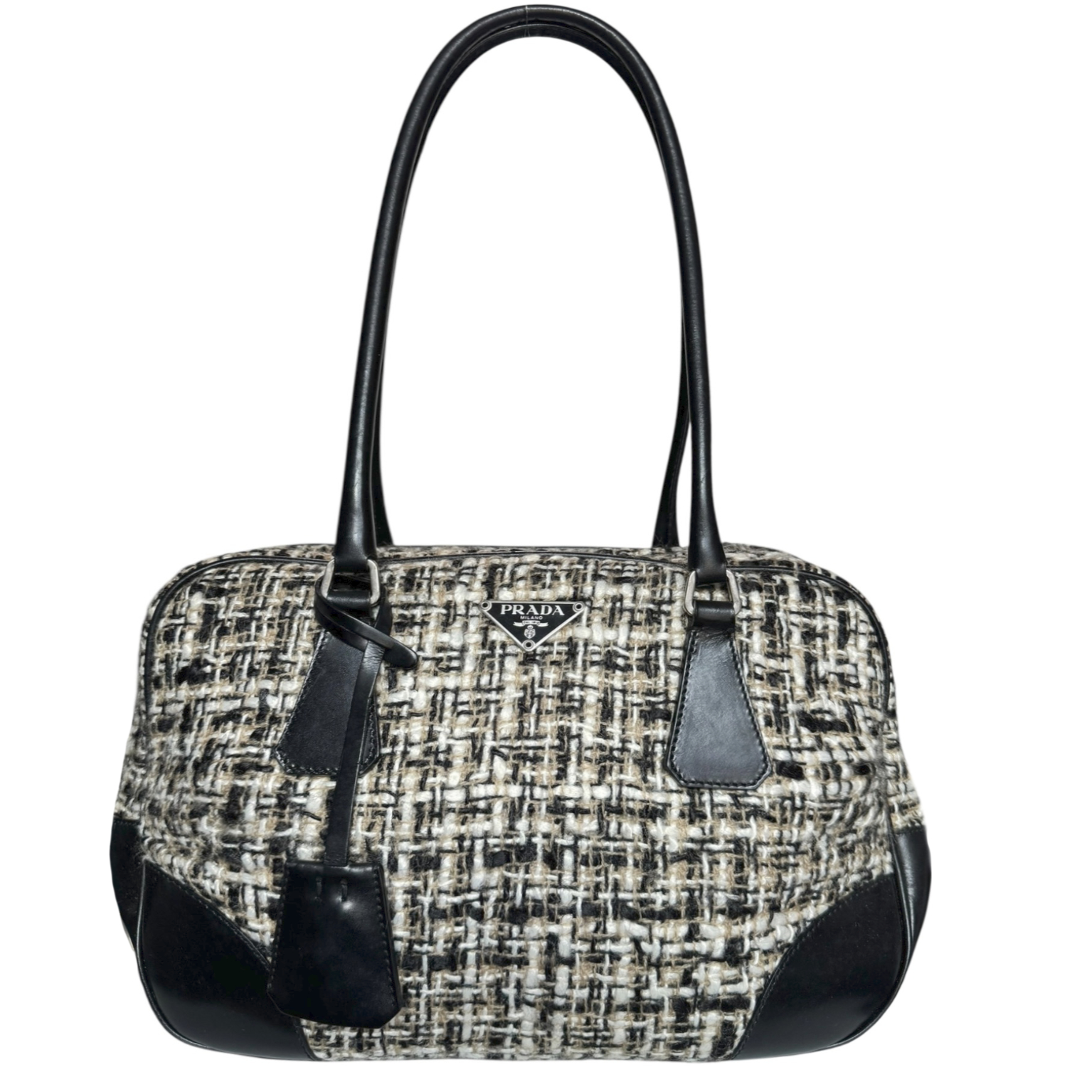 Vintage Prada Tweed Shoulder Bag in Black / Silver | NITRYL
