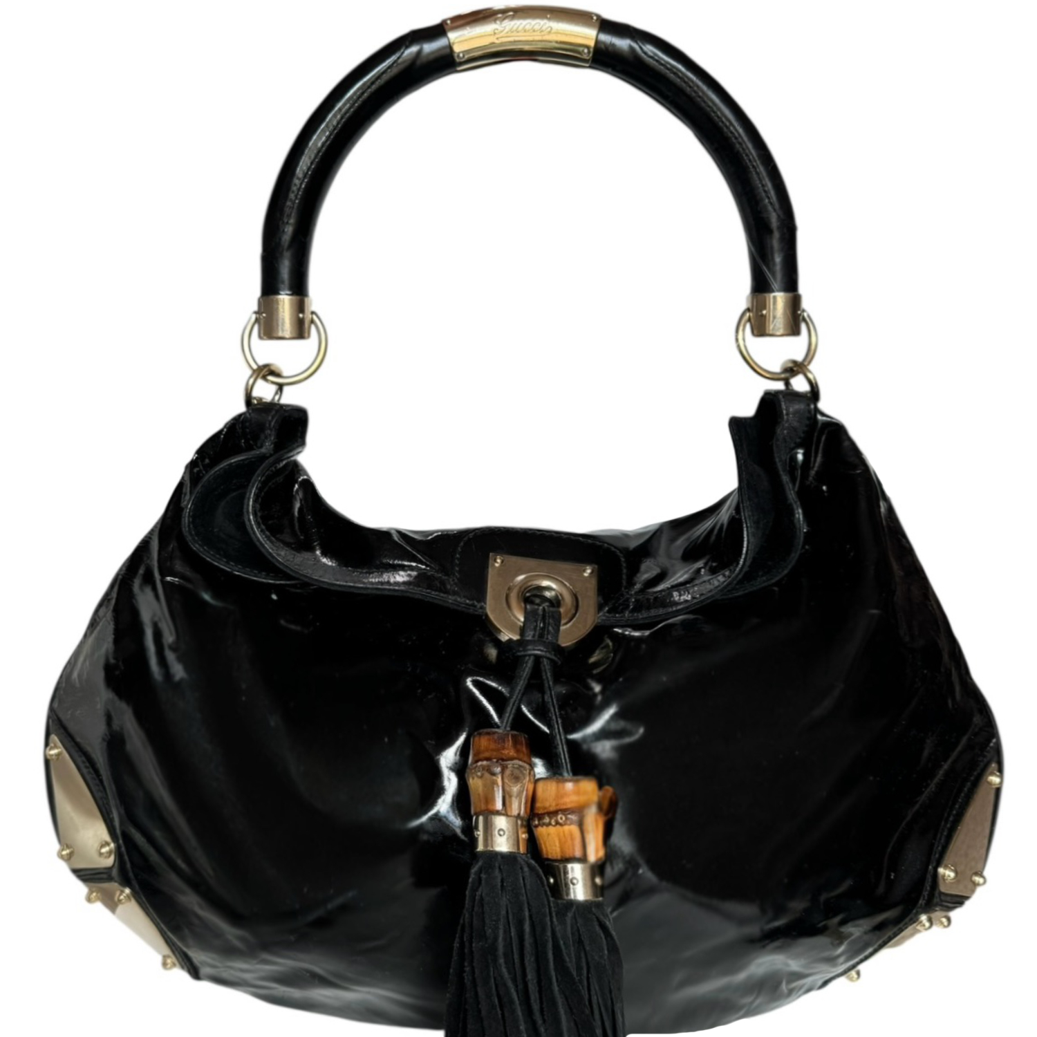 Vintage Gucci Indy Patent Hobo Shoulder Bag in Black / Gold | NITRYL