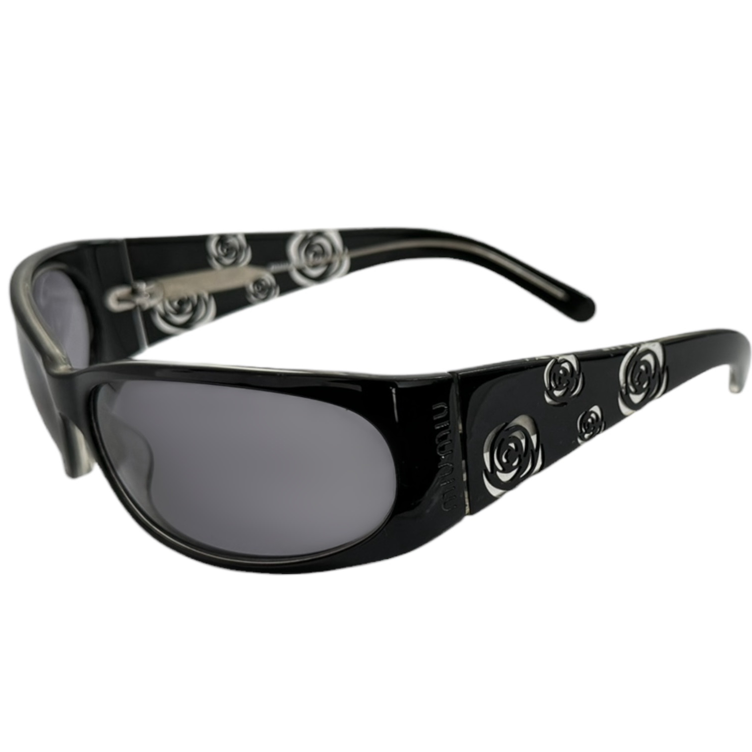 Vintage Miu Miu Logo Rose Wraparound Sunglasses in Black | NITRYL