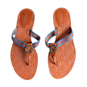 Vintage Gucci GG Logo Thong Flip Flops in Tan / Blue UK 4.5 | NITRYL