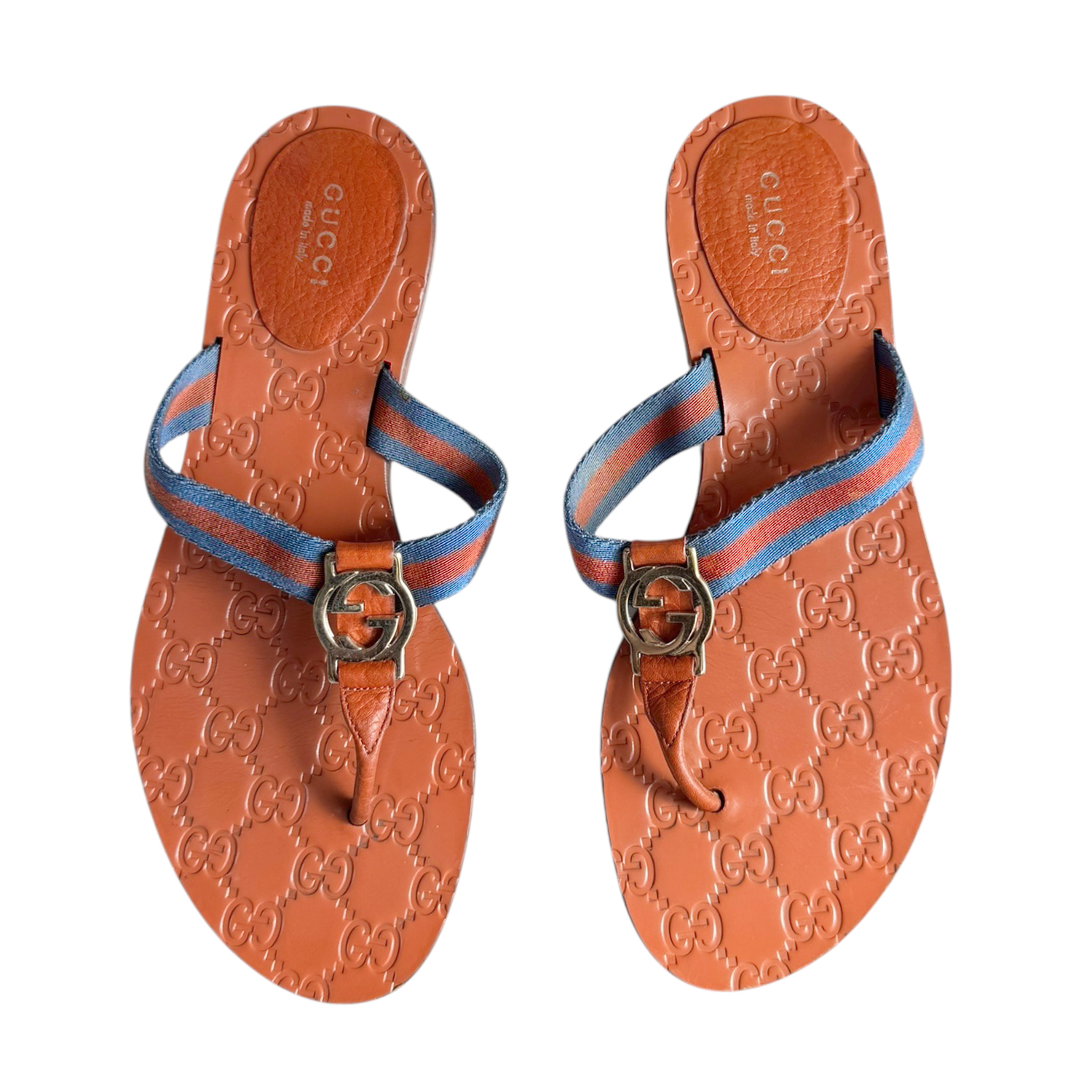 Vintage Gucci GG Logo Thong Flip Flops in Tan / Blue UK 4.5 | NITRYL