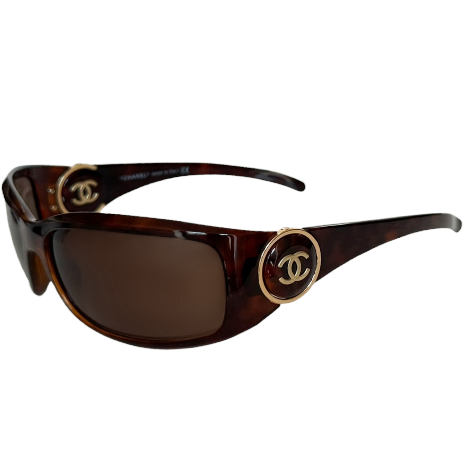 Vintage Chanel Logo Wraparound Sunglasses in Tortoiseshell Brown / Gold | NITRYL