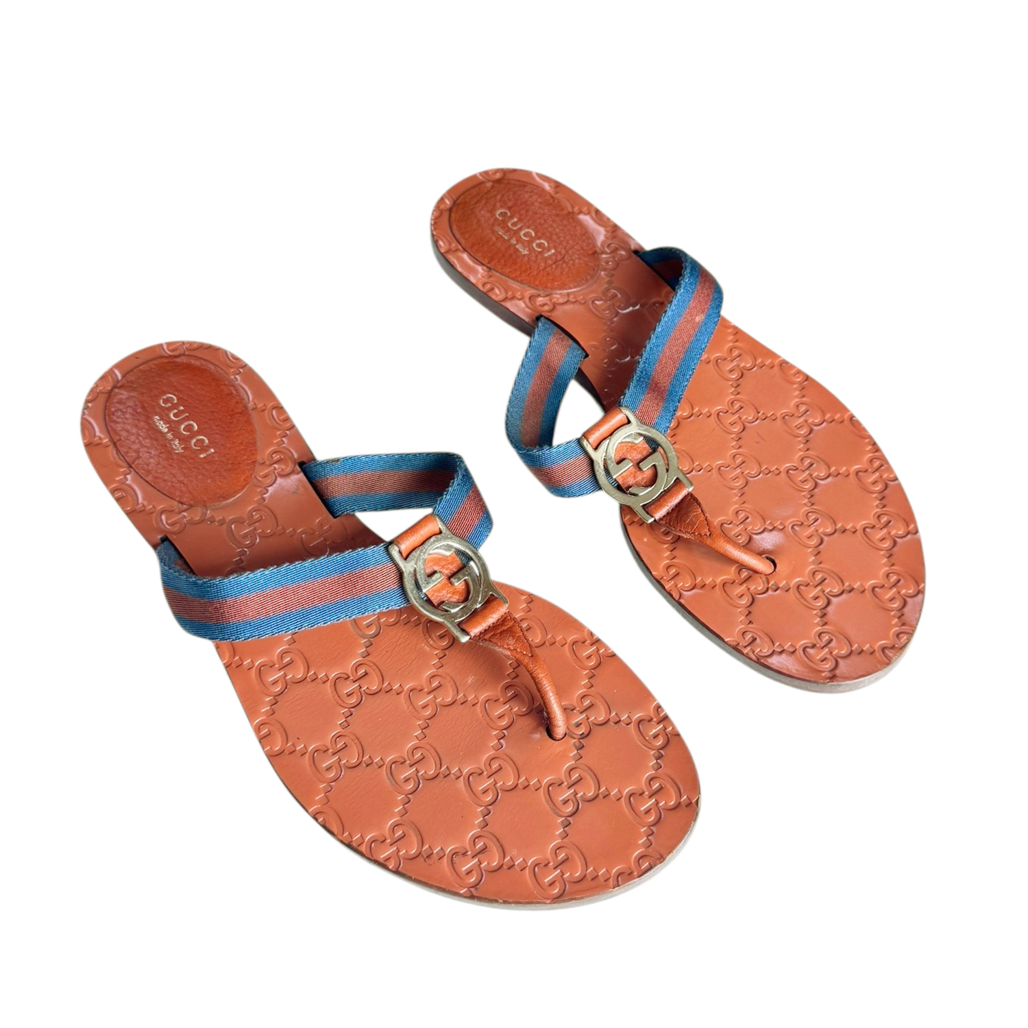 Gucci GG Logo Thong Flip Flops in Tan / Blue UK 4.5 - Image 2