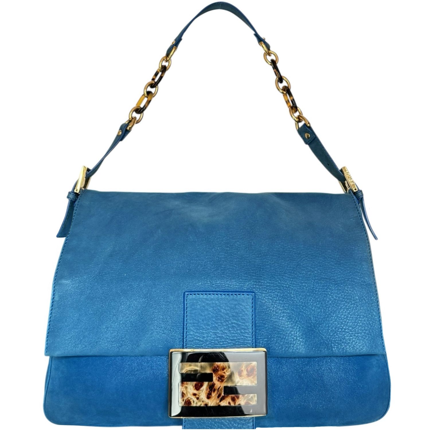 Vintage Fendi Leather XL Mamma Baguette Bag in Blue / Tortoiseshell / Gold | NITRYL