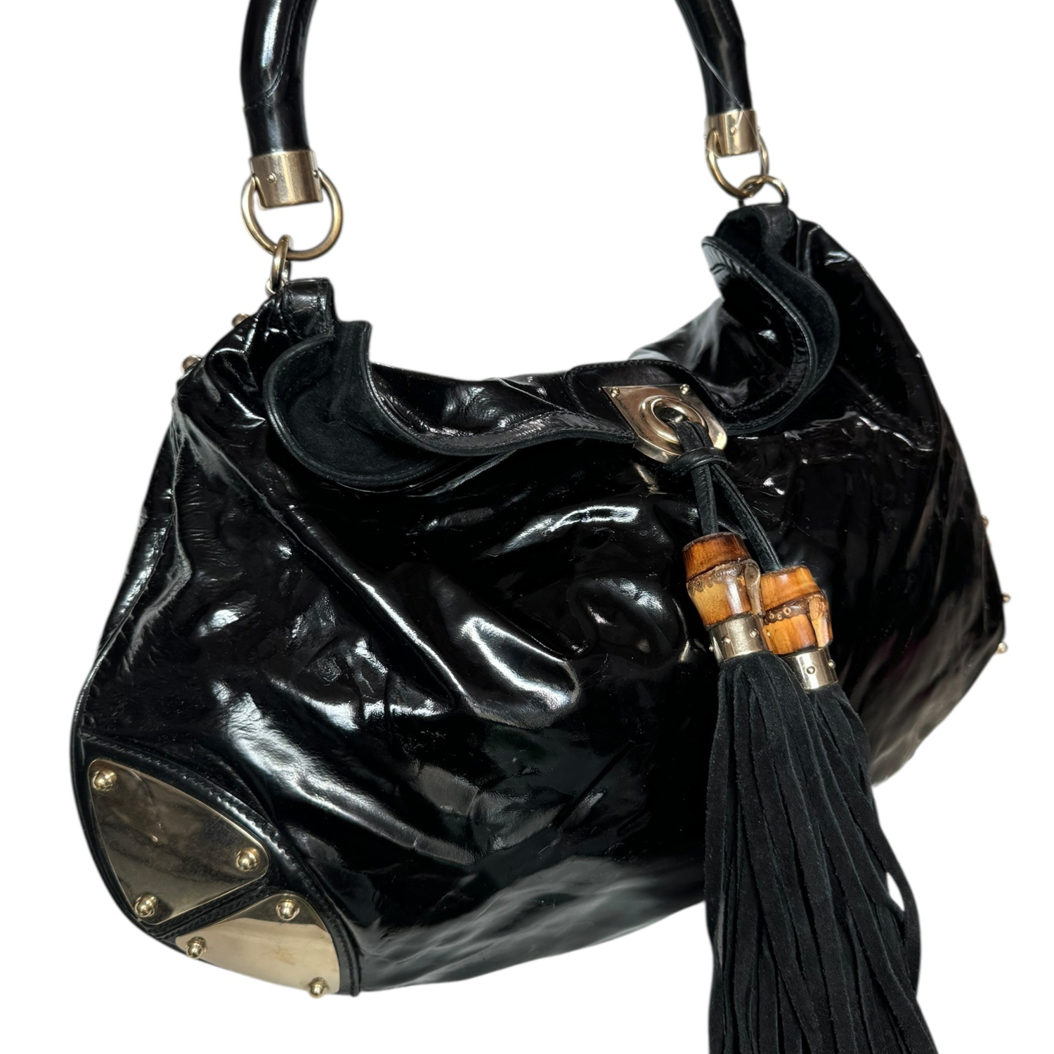 Gucci Indy Patent Hobo Shoulder Bag in Black / Gold - Image 2