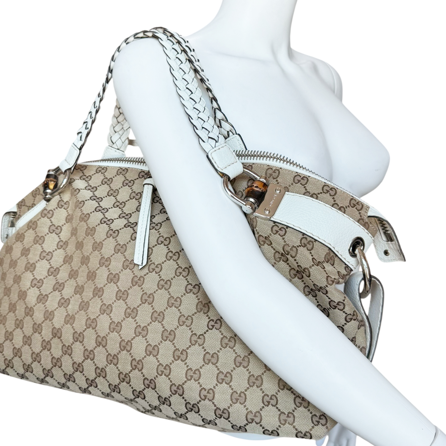Gucci Monogram Large Hobo Shoulder Bag in Beige / White - Image 8