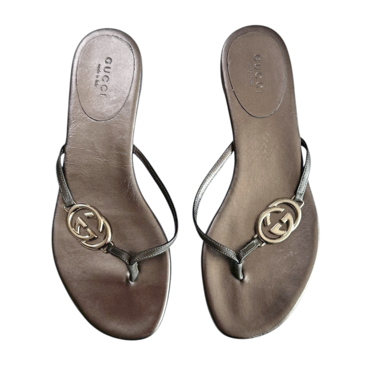 Vintage Gucci GG Logo Thong Flip Flop Sandals in Metallic Bronze UK 3 | NITRYL
