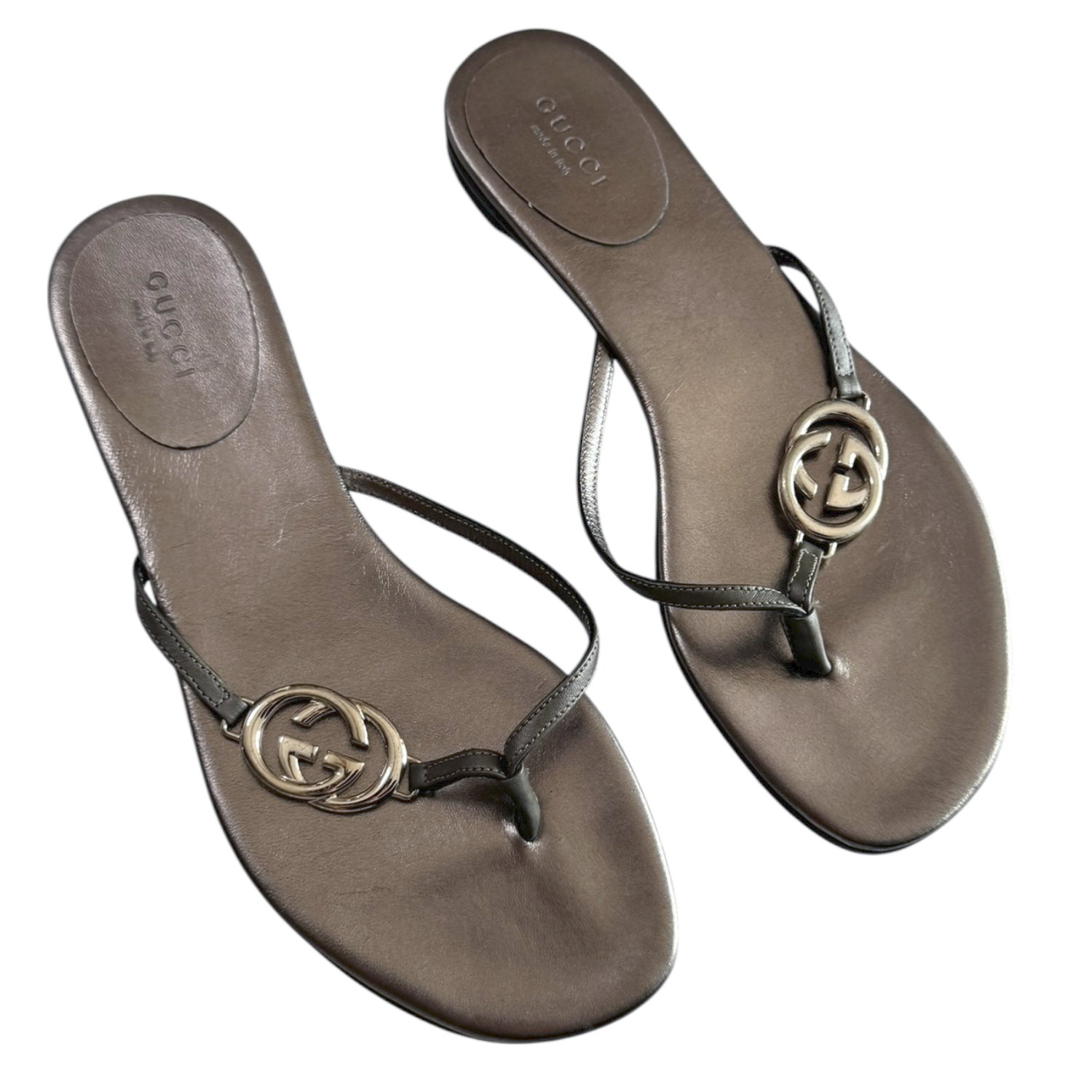 Gucci GG Logo Thong Flip Flop Sandals in Metallic Bronze UK 3 - Image 2